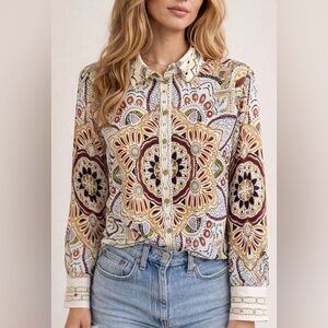 Maison d'amélie Paris cream multicolor mandala button blouse L
